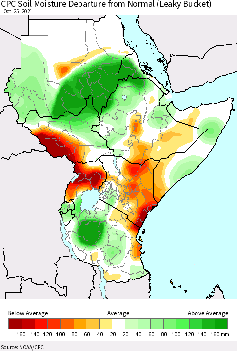 Eastern Africa CPC Calculated Soil Moisture Anomaly (Leaky Bucket) Thematic Map For 10/21/2021 - 10/25/2021