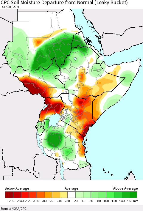 Eastern Africa CPC Calculated Soil Moisture Anomaly (Leaky Bucket) Thematic Map For 10/26/2021 - 10/31/2021