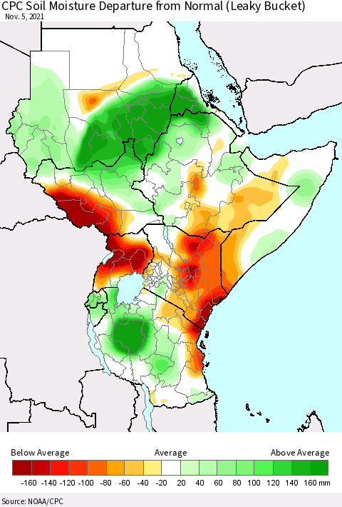 Eastern Africa CPC Soil Moisture Departure from Normal (Leaky Bucket) Thematic Map For 11/1/2021 - 11/5/2021