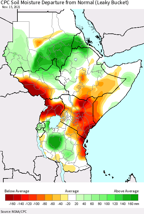Eastern Africa CPC Calculated Soil Moisture Anomaly (Leaky Bucket) Thematic Map For 11/11/2021 - 11/15/2021