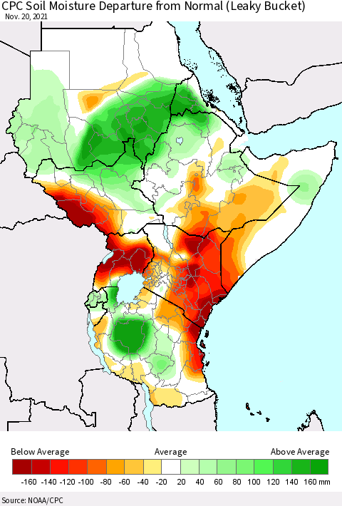 Eastern Africa CPC Calculated Soil Moisture Anomaly (Leaky Bucket) Thematic Map For 11/16/2021 - 11/20/2021