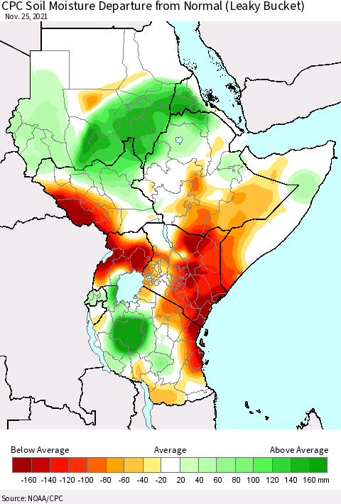 Eastern Africa CPC Calculated Soil Moisture Anomaly (Leaky Bucket) Thematic Map For 11/21/2021 - 11/25/2021