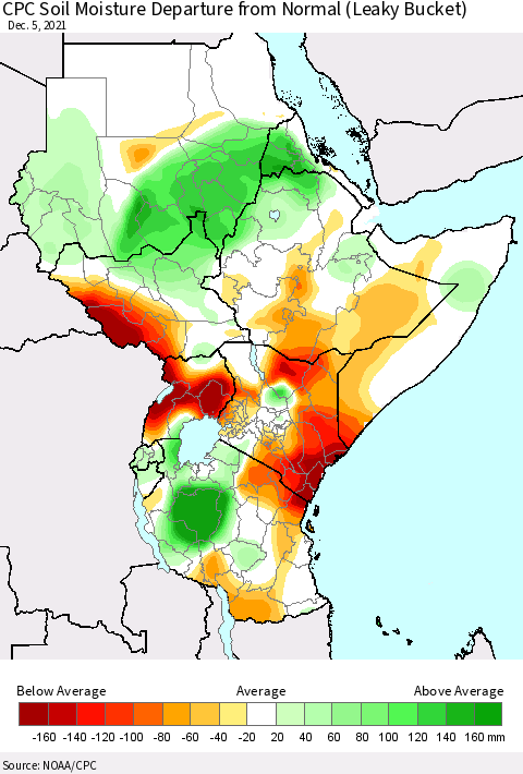 Eastern Africa CPC Soil Moisture Departure from Normal (Leaky Bucket) Thematic Map For 12/1/2021 - 12/5/2021