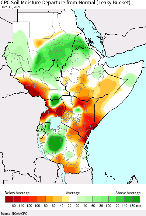 Eastern Africa CPC Calculated Soil Moisture Anomaly (Leaky Bucket) Thematic Map For 12/6/2021 - 12/10/2021