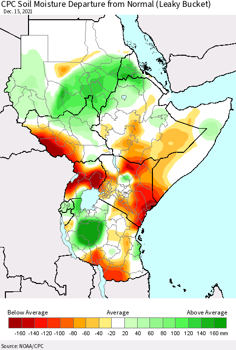 Eastern Africa CPC Calculated Soil Moisture Anomaly (Leaky Bucket) Thematic Map For 12/11/2021 - 12/15/2021