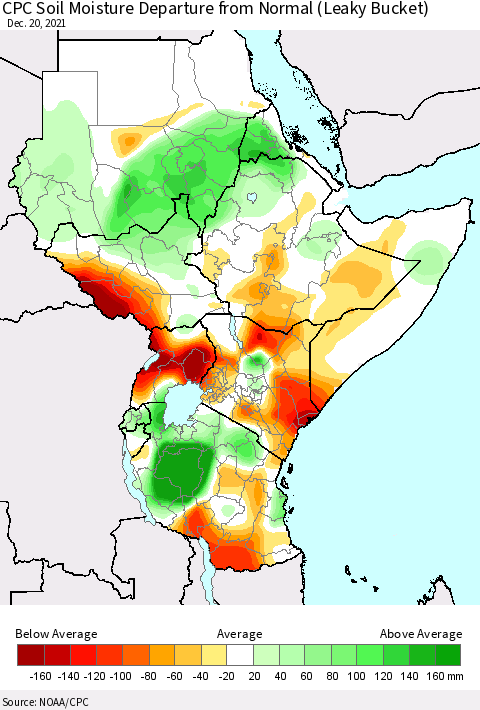 Eastern Africa CPC Calculated Soil Moisture Anomaly (Leaky Bucket) Thematic Map For 12/16/2021 - 12/20/2021