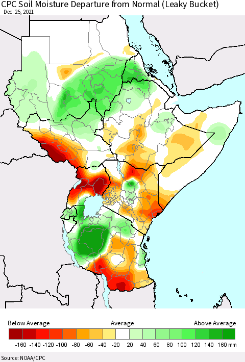Eastern Africa CPC Calculated Soil Moisture Anomaly (Leaky Bucket) Thematic Map For 12/21/2021 - 12/25/2021