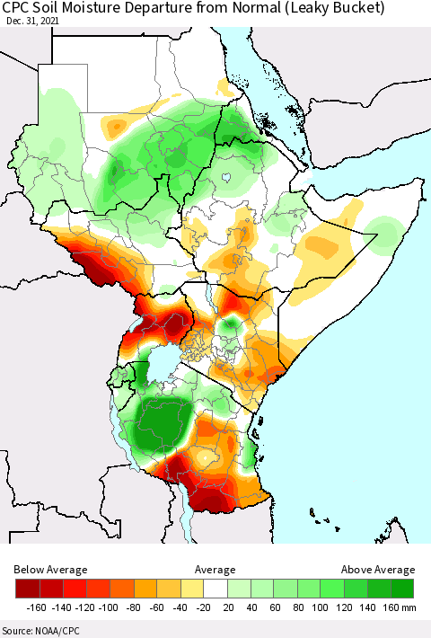 Eastern Africa CPC Soil Moisture Departure from Normal (Leaky Bucket) Thematic Map For 12/26/2021 - 12/31/2021
