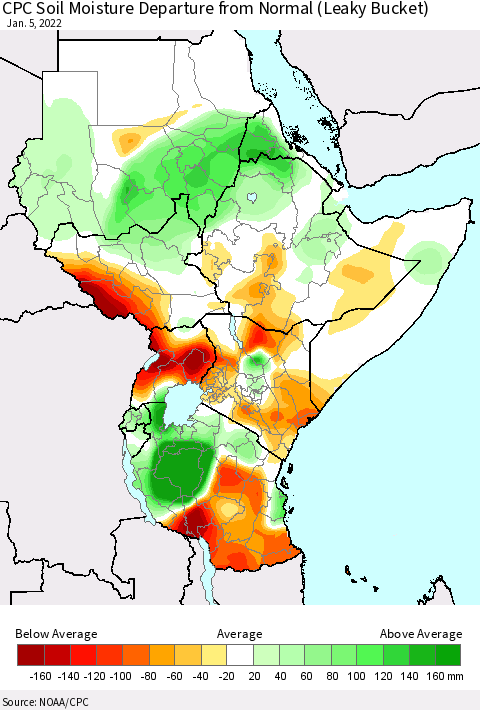 Eastern Africa CPC Soil Moisture Departure from Normal (Leaky Bucket) Thematic Map For 1/1/2022 - 1/5/2022
