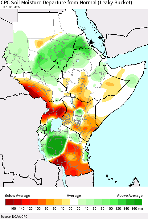 Eastern Africa CPC Soil Moisture Departure from Normal (Leaky Bucket) Thematic Map For 1/6/2022 - 1/10/2022