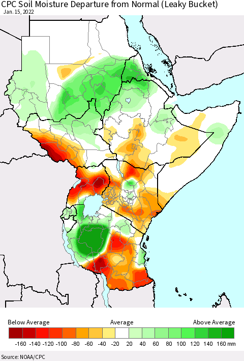 Eastern Africa CPC Calculated Soil Moisture Anomaly (Leaky Bucket) Thematic Map For 1/11/2022 - 1/15/2022