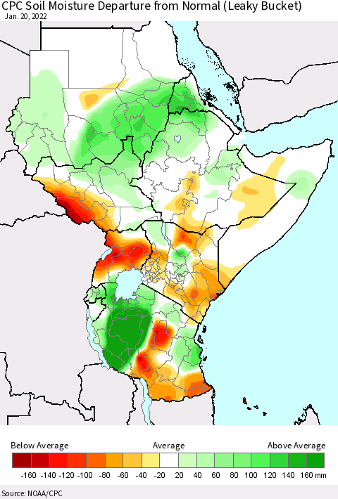 Eastern Africa CPC Calculated Soil Moisture Anomaly (Leaky Bucket) Thematic Map For 1/16/2022 - 1/20/2022