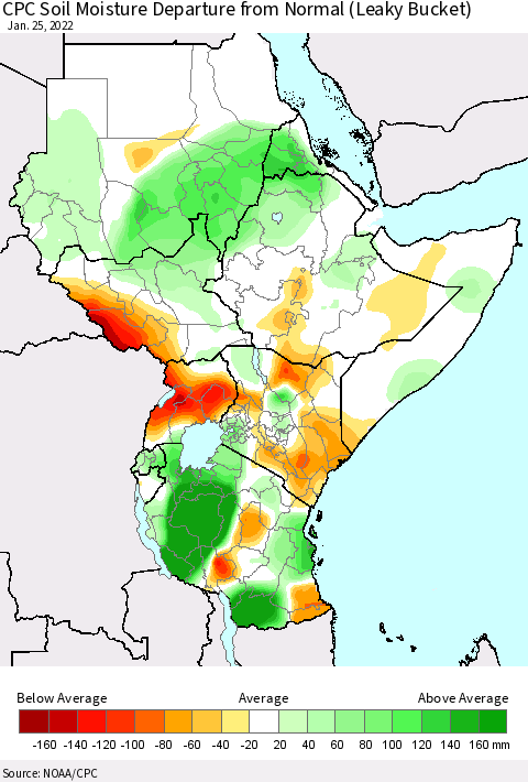 Eastern Africa CPC Soil Moisture Departure from Normal (Leaky Bucket) Thematic Map For 1/21/2022 - 1/25/2022