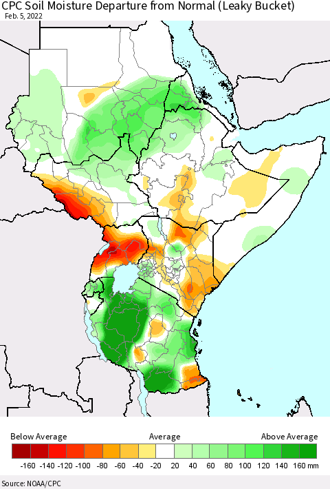 Eastern Africa CPC Soil Moisture Departure from Normal (Leaky Bucket) Thematic Map For 2/1/2022 - 2/5/2022