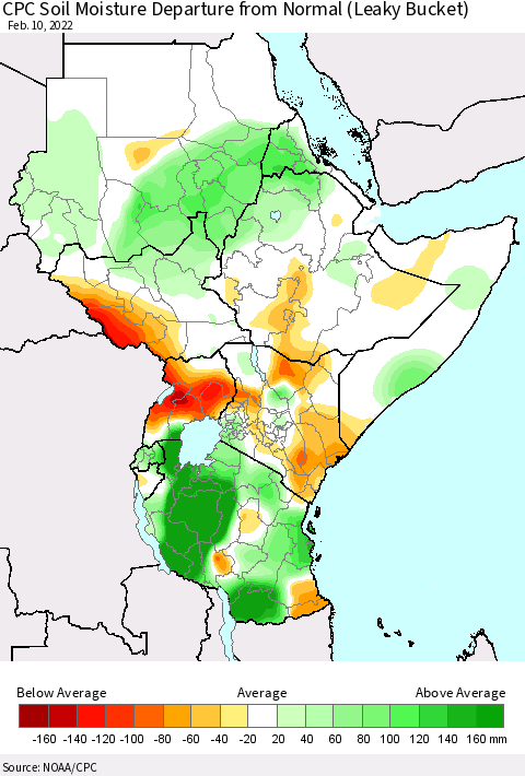 Eastern Africa CPC Soil Moisture Departure from Normal (Leaky Bucket) Thematic Map For 2/6/2022 - 2/10/2022