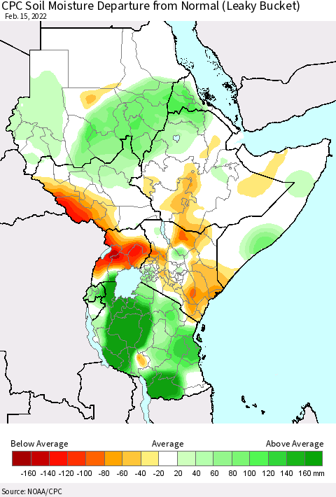 Eastern Africa CPC Soil Moisture Departure from Normal (Leaky Bucket) Thematic Map For 2/11/2022 - 2/15/2022
