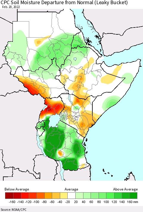 Eastern Africa CPC Soil Moisture Departure from Normal (Leaky Bucket) Thematic Map For 2/16/2022 - 2/20/2022