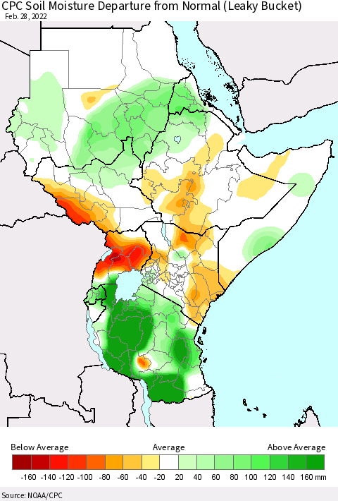 Eastern Africa CPC Soil Moisture Departure from Normal (Leaky Bucket) Thematic Map For 2/26/2022 - 2/28/2022