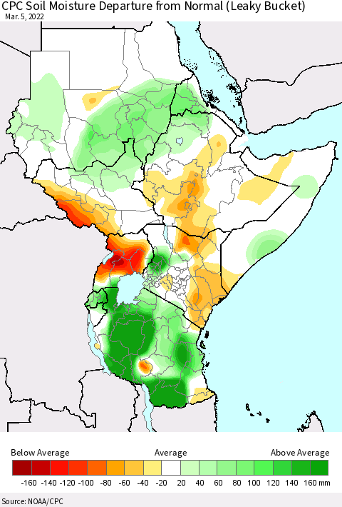Eastern Africa CPC Calculated Soil Moisture Anomaly (Leaky Bucket) Thematic Map For 3/1/2022 - 3/5/2022