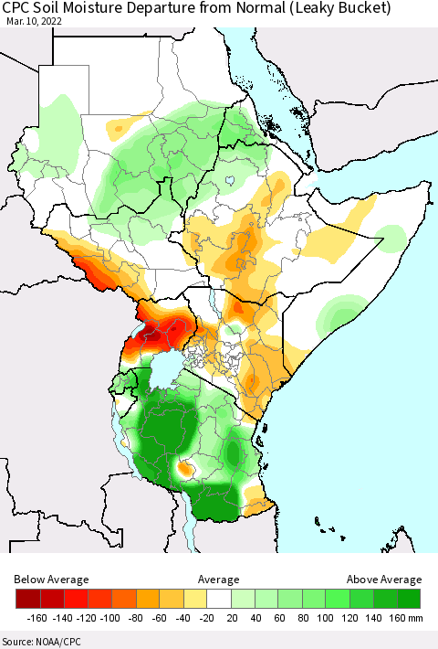 Eastern Africa CPC Soil Moisture Departure from Normal (Leaky Bucket) Thematic Map For 3/6/2022 - 3/10/2022