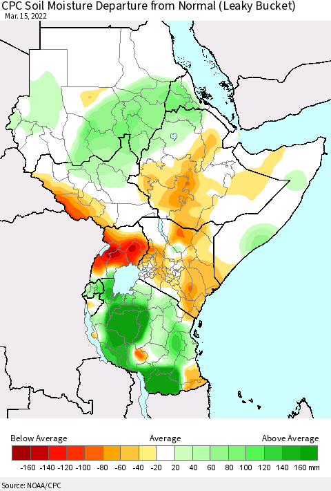 Eastern Africa CPC Calculated Soil Moisture Anomaly (Leaky Bucket) Thematic Map For 3/11/2022 - 3/15/2022