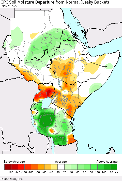 Eastern Africa CPC Soil Moisture Departure from Normal (Leaky Bucket) Thematic Map For 3/21/2022 - 3/25/2022