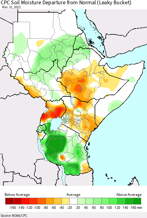 Eastern Africa CPC Calculated Soil Moisture Anomaly (Leaky Bucket) Thematic Map For 3/26/2022 - 3/31/2022
