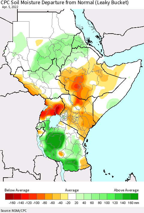 Eastern Africa CPC Calculated Soil Moisture Anomaly (Leaky Bucket) Thematic Map For 4/1/2022 - 4/5/2022