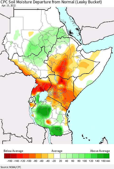 Eastern Africa CPC Calculated Soil Moisture Anomaly (Leaky Bucket) Thematic Map For 4/11/2022 - 4/15/2022