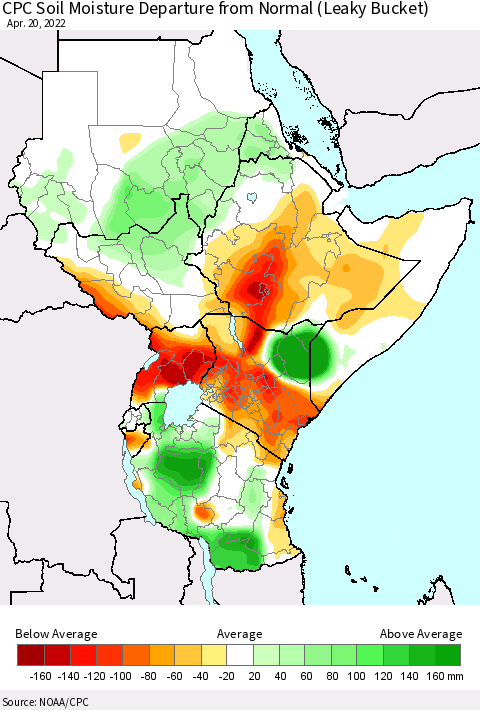 Eastern Africa CPC Soil Moisture Departure from Normal (Leaky Bucket) Thematic Map For 4/16/2022 - 4/20/2022