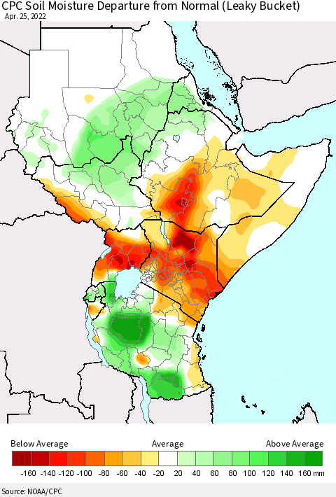 Eastern Africa CPC Calculated Soil Moisture Anomaly (Leaky Bucket) Thematic Map For 4/21/2022 - 4/25/2022