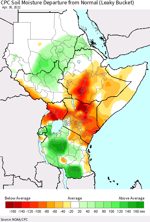 Eastern Africa CPC Calculated Soil Moisture Anomaly (Leaky Bucket) Thematic Map For 4/26/2022 - 4/30/2022