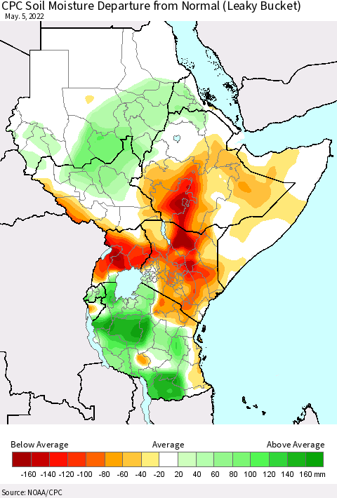 Eastern Africa CPC Calculated Soil Moisture Anomaly (Leaky Bucket) Thematic Map For 5/1/2022 - 5/5/2022