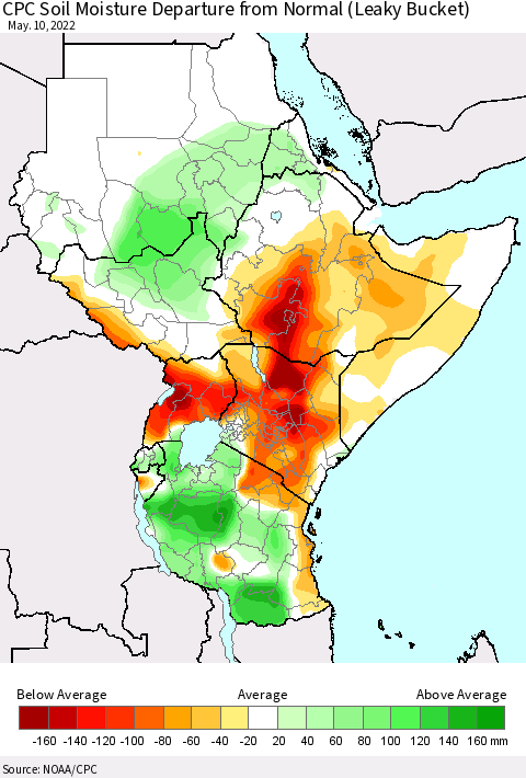Eastern Africa CPC Calculated Soil Moisture Anomaly (Leaky Bucket) Thematic Map For 5/6/2022 - 5/10/2022