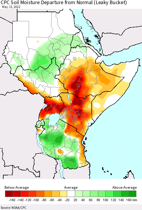 Eastern Africa CPC Calculated Soil Moisture Anomaly (Leaky Bucket) Thematic Map For 5/11/2022 - 5/15/2022