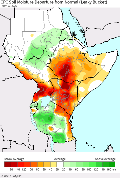 Eastern Africa CPC Calculated Soil Moisture Anomaly (Leaky Bucket) Thematic Map For 5/16/2022 - 5/20/2022