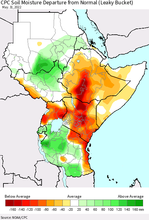 Eastern Africa CPC Calculated Soil Moisture Anomaly (Leaky Bucket) Thematic Map For 5/26/2022 - 5/31/2022