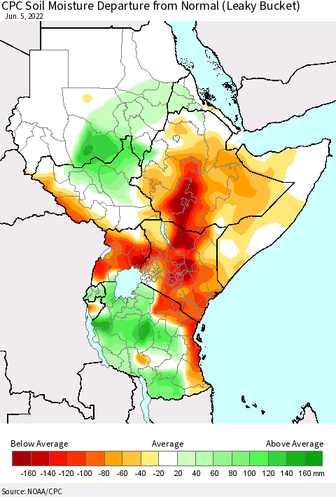 Eastern Africa CPC Calculated Soil Moisture Anomaly (Leaky Bucket) Thematic Map For 6/1/2022 - 6/5/2022