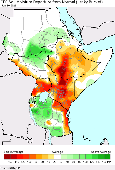 Eastern Africa CPC Soil Moisture Departure from Normal (Leaky Bucket) Thematic Map For 6/6/2022 - 6/10/2022