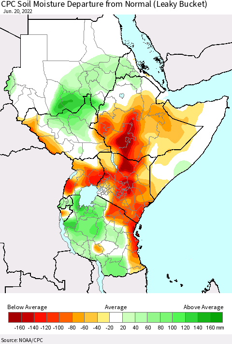 Eastern Africa CPC Calculated Soil Moisture Anomaly (Leaky Bucket) Thematic Map For 6/16/2022 - 6/20/2022