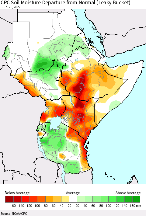Eastern Africa CPC Calculated Soil Moisture Anomaly (Leaky Bucket) Thematic Map For 6/21/2022 - 6/25/2022