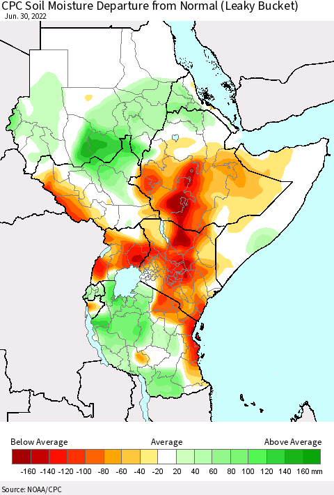 Eastern Africa CPC Calculated Soil Moisture Anomaly (Leaky Bucket) Thematic Map For 6/26/2022 - 6/30/2022