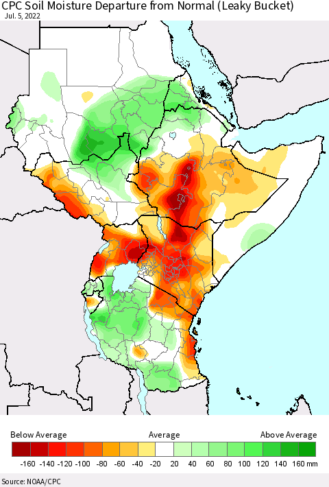 Eastern Africa CPC Calculated Soil Moisture Anomaly (Leaky Bucket) Thematic Map For 7/1/2022 - 7/5/2022
