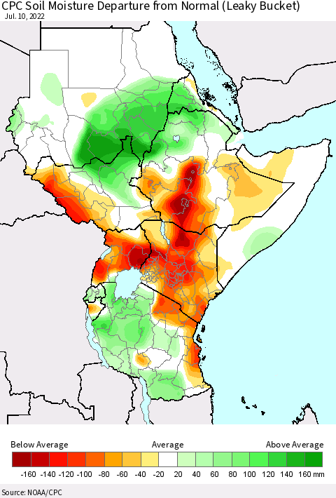 Eastern Africa CPC Soil Moisture Departure from Normal (Leaky Bucket) Thematic Map For 7/6/2022 - 7/10/2022