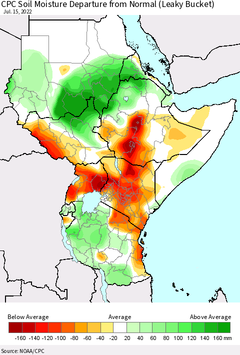 Eastern Africa CPC Calculated Soil Moisture Anomaly (Leaky Bucket) Thematic Map For 7/11/2022 - 7/15/2022