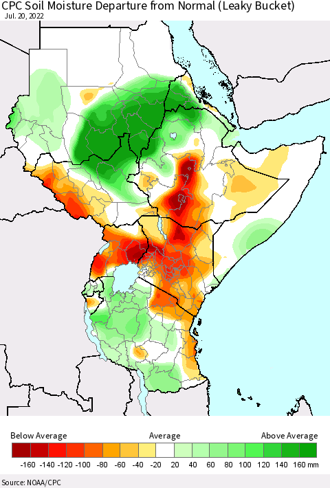 Eastern Africa CPC Calculated Soil Moisture Anomaly (Leaky Bucket) Thematic Map For 7/16/2022 - 7/20/2022