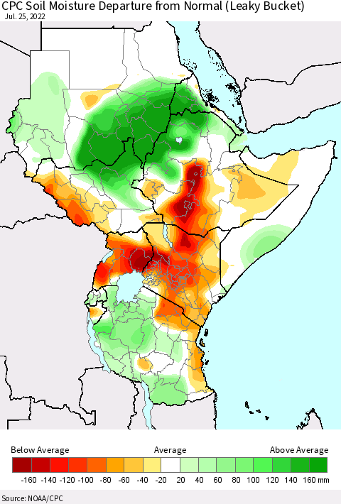 Eastern Africa CPC Calculated Soil Moisture Anomaly (Leaky Bucket) Thematic Map For 7/21/2022 - 7/25/2022