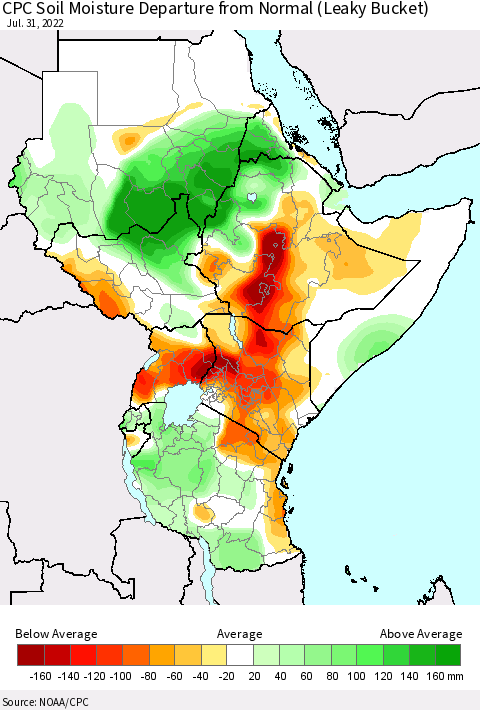 Eastern Africa CPC Soil Moisture Departure from Normal (Leaky Bucket) Thematic Map For 7/26/2022 - 7/31/2022