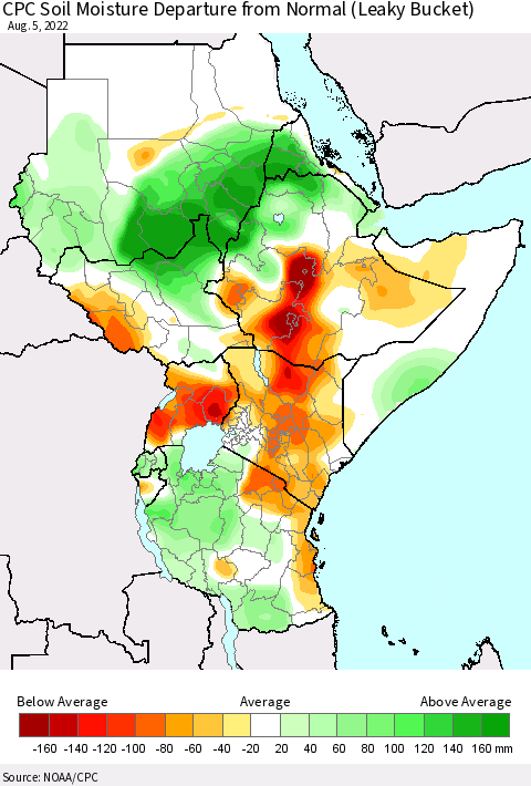 Eastern Africa CPC Calculated Soil Moisture Anomaly (Leaky Bucket) Thematic Map For 8/1/2022 - 8/5/2022