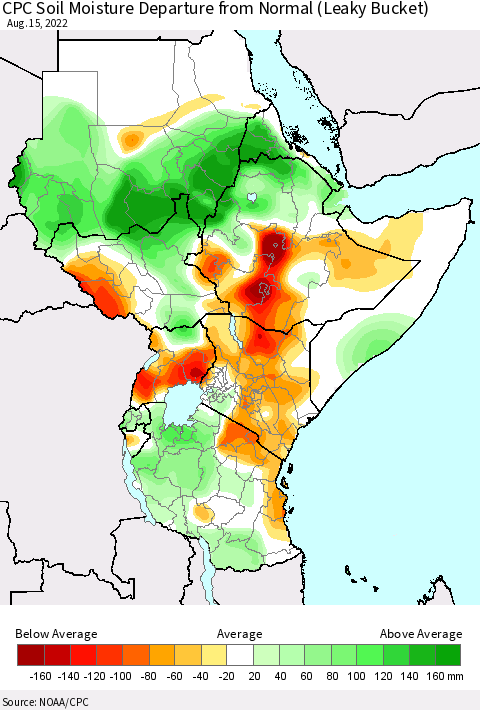 Eastern Africa CPC Soil Moisture Departure from Normal (Leaky Bucket) Thematic Map For 8/11/2022 - 8/15/2022